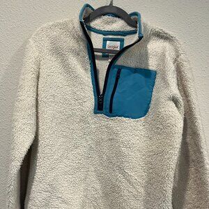 Cat & Jack Girls' Size 14/16 Sand/Blue Zip Pocket 1/2 Zip Faux Fur Sweater